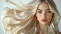 Young woman with flowing platinum blonde hair and natural freckles gazes directly at camera against light background, showcasing flawless skin and wind-swept hairstyling.