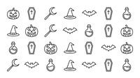 Halloween seamless pattern with spooky icons including pumpkins, witch hats, bats, coffins, potions and moon symbols. Black outline style on white background.