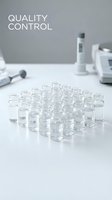 Quality control laboratory with glass vials arranged on white table and testing equipment in background for pharmaceutical research and development.