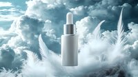 White cosmetic dropper bottle floating among soft feathers and dramatic turquoise clouds, suggesting purity and natural skincare ingredients for beauty product advertising.