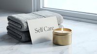 Soft gray towels, a glowing gold candle, and a Self Care card on marble surface create a serene wellness and spa atmosphere.