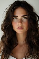 Young woman with natural makeup, freckles and flowing dark wavy hair wearing white lace top against light background. Close up beauty portrait showing flawless glowing skin.