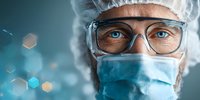 Healthcare professional in protective gear with surgical mask, hairnet, and safety glasses against blurred medical background with bokeh lights.