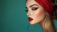 Young Asian woman wearing red headscarf and bright red lipstick, dramatic makeup with winged eyeliner against turquoise background. Fashion beauty portrait with soft lighting.