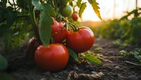 Fresh ripe red tomatoes growing on vine in organic garden during golden hour sunset light for healthy farming and agriculture concepts.