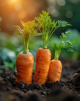 Fresh organic carrots growing in fertile soil with green tops, captured in natural sunlight with soft bokeh background. Garden harvest concept.