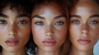Three diverse young women with striking blue eyes and natural freckles showcasing beauty diversity and skincare concepts for cosmetic advertising campaigns.