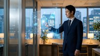 Young Asian businessman in dark suit touching glass wall in modern office with city skyline view at dusk for corporate presentations and business concepts.