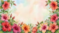 Watercolor hibiscus floral frame with vibrant red and orange blooms, green leaves on soft pastel background, for cards, invitations, and decor.