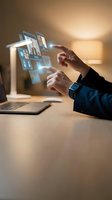 Person in dark business attire with smartwatch interacting with holographic digital interface displaying data screens and applications above desk workspace.