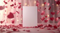 Blank white card surrounded by falling red heart confetti and rose petals with warm bokeh lights for romantic celebrations and love messages.