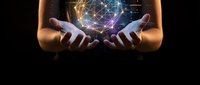 Female hands holding glowing digital network connections with light effects on dark background for technology and innovation concepts.