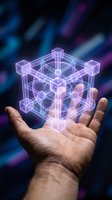 Male hand holding a glowing purple holographic cube with geometric wireframe structure, futuristic technology concept on dark background.