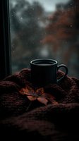 Steaming black coffee cup on burgundy knitted blanket with autumn maple leaf by rainy window, creating cozy atmospheric mood for seasonal lifestyle content.