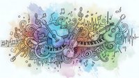 Colorful watercolor music doodle with piano keys, treble clef, notes and swirls on white background for creative projects and musical designs.