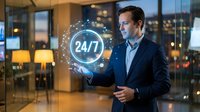 Professional businessman presenting 24/7 customer service concept with holographic interface in modern office environment at evening.