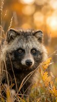 Raccoon dog portrait in autumn grass with warm golden bokeh light creating atmospheric wildlife photography for nature and animal content.