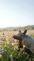 Armadillo exploring colorful wildflower meadow with purple lupines and yellow blooms in natural habitat during golden hour sunset lighting.