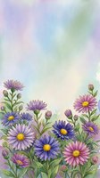 Watercolor aster flowers in purple, blue and pink with green leaves on a soft pastel gradient background, copy space for text.