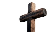 Rustic wooden cross against white background, symbolizing faith, religion, and spirituality for church services, memorial designs, or religious publications.