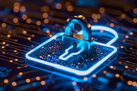 Glowing blue padlock on circuit board with bokeh lights represents digital security, data protection, and cybersecurity concepts in modern technology.