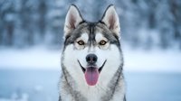 Happy Siberian husky dog with tongue out in snowy winter forest landscape. Playful pet portrait with blue eyes against blurred trees background.
