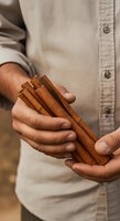 Close-up of male hands holding cinnamon sticks, wearing light beige button-up shirt. Perfect for culinary, spice trade, cooking, and artisan product concepts.