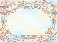 Whimsical hand-drawn border frame with bunting flags, stars, hearts, clouds, teddy bears, and moon elements on isolated white background. Suitable for children's designs, invitations, and greeting cards.