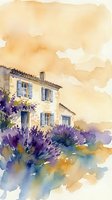 Watercolor painting of rustic Mediterranean house with blue shutters surrounded by purple lavender fields under warm golden sky.