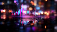 Futuristic digital cityscape with neon skyscrapers reflecting on water surface against colorful bokeh lights background for technology and urban concepts.