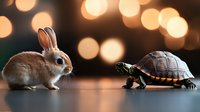 Small brown rabbit and turtle facing each other on smooth surface with warm golden bokeh lights creating magical atmosphere for children stories.
