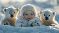 Smiling baby in white winter outfit lying in snow between two polar bear cubs, magical winter scene with soft bokeh background and frosty atmosphere.