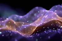 Abstract flowing waves of purple and orange light with glowing particles and bokeh effects on dark background, creating magical atmospheric design.