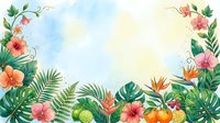 Watercolor tropical frame with exotic flowers, palm leaves, hibiscus, and citrus fruits on a soft pastel background with copy space.
