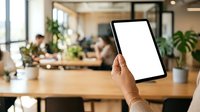 Hand holding tablet with blank screen in modern office workspace with colleagues and plants.