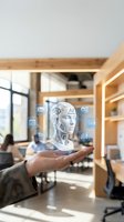 Professional holding holographic AI assistant interface with digital icons for communication, analytics, and automation in modern office workspace.