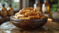 Golden supplement capsules in wooden bowl on rustic table with amber bottles in background, natural wellness concept.
