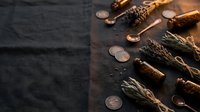 Rustic wooden table with scattered coins, pine cones, cinnamon sticks and dried herbs creating warm autumn atmosphere for seasonal crafts and decoration.