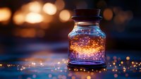 Glowing glass jar filled with golden magical particles and fairy lights creating enchanting bokeh effect against dark background for fantasy designs.