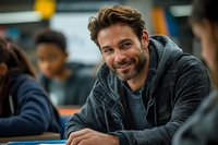 Caucasian male adult with stubble beard wearing casual grey hoodie smiling warmly while sitting at table in educational or workplace setting, expressing friendliness and confidence.