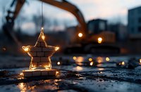 Glowing neon star light decoration on wet ground at dusk with blurred urban construction site and bokeh lights in background creating magical atmosphere.