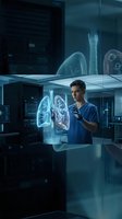 Young male doctor examining holographic lung anatomy in futuristic medical laboratory with advanced technology for healthcare innovation and diagnosis.