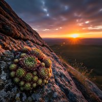 Succulent plants growing on rocky cliff face during golden hour sunset with dramatic sky and mountain landscape view for nature photography projects.