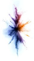Vibrant explosion of colorful powder paint creating dynamic abstract splash pattern on white background, featuring blue, purple and orange tones for creative design projects.