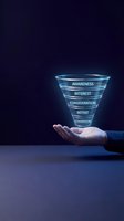 Business hand presenting glowing sales funnel with marketing stages from awareness to conversion on dark blue background for digital strategy concepts.
