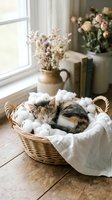 Tabby and white cat sleeping in wicker basket with cotton balls and linen fabric near window, dried flowers in vases for home decor and pet comfort styling.