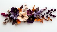 Autumn floral arrangement with purple and orange flowers, cream blooms, and dried foliage on white background for seasonal decorating and crafts.