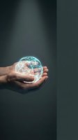 Hand holding glowing digital globe with network connections against dark background. Represents global communication, technology, connectivity, and worldwide business concepts.