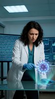 Female scientist in lab coat examining holographic virus model with digital DNA data displays in modern research laboratory for medical studies.