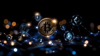 Golden cryptocurrency coin with glowing network connections and bokeh lights on dark background. Digital money concept for finance and technology.